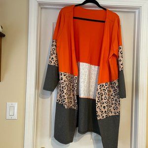 No Brand OXL Long Open Front Cardigan Orange/Leopard/Gray
